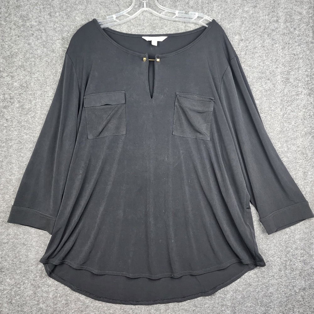 Company Ellen Tracy Tunic Top Women XXL Black Split Neck Gold Bar 3/4‎ Sleeve